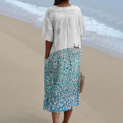 Dashingsoul Women's Creative A Boat Sailing On The Fish Sea Art Print V-neck Short Sleeved Casual Midi Dress