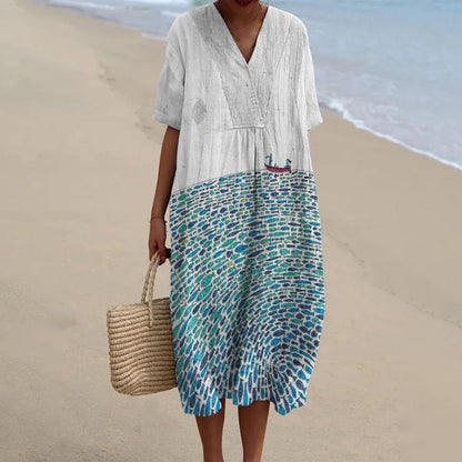 Dashingsoul Women's Creative A Boat Sailing On The Fish Sea Art Print V-neck Short Sleeved Casual Midi Dress