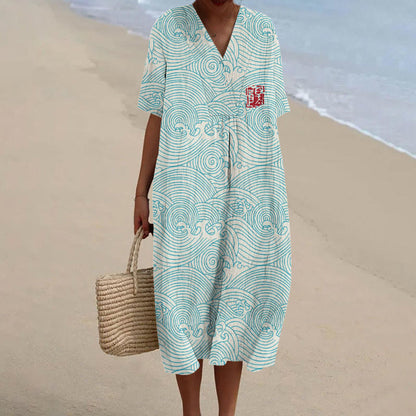 Dashingsoul The Silent Dance Of Waves Japanese Art Print V-neck Short Sleeved Casual Midi Dress