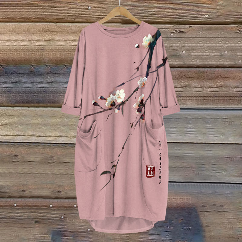 Dashingsoul Vintage Plum Blossom Art Print Crew Neck Dress
