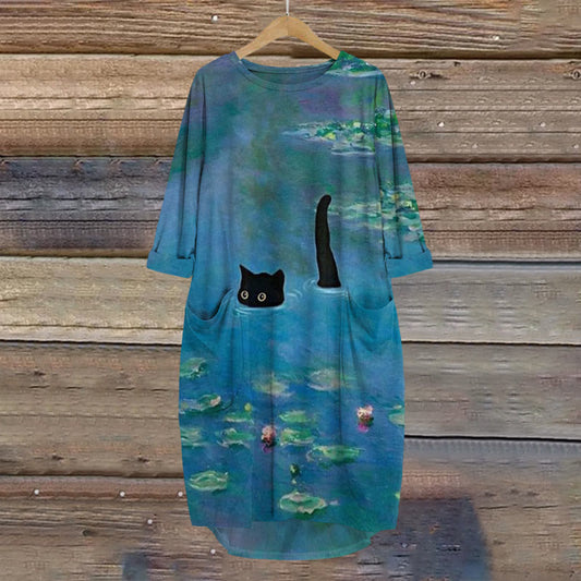 Dashingsoul Women's Oil Painting Cat Print Crew Neck Dress