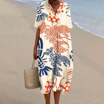 Dashingsoul Women's Funny Abstract Lobster Pattern V-neck Short Sleeved Casual Midi Dress