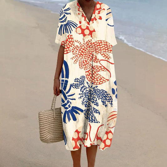 Dashingsoul Women's Funny Abstract Lobster Pattern V-neck Short Sleeved Casual Midi Dress
