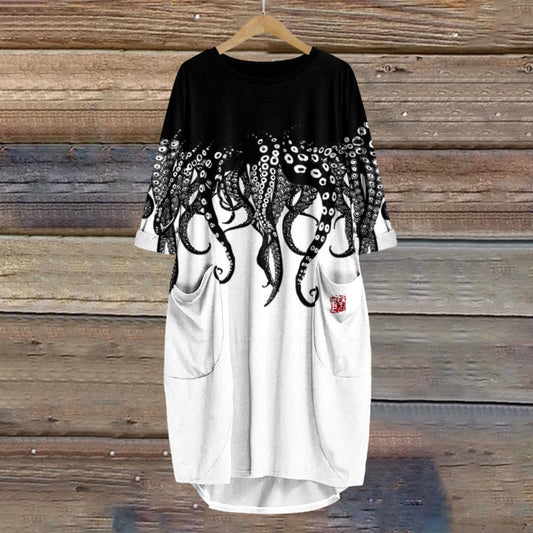 Dashingsoul Women's Black Octopus Art Print Crew Neck Casual Dress