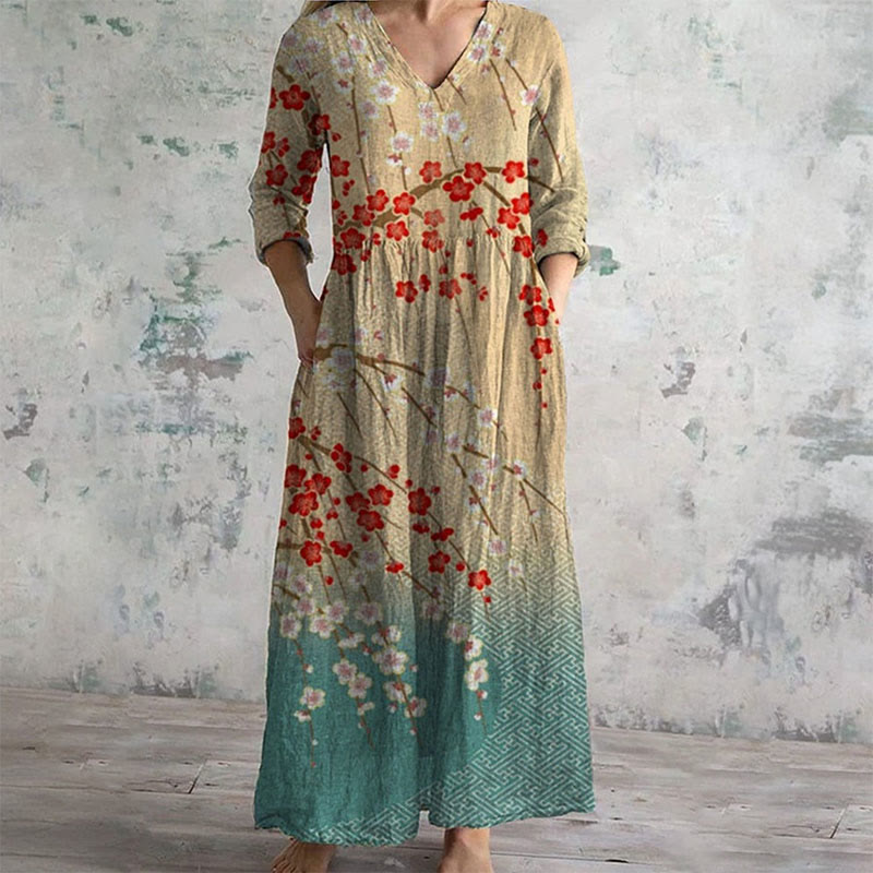 Retro Japanese Plum Blossom Colorblock Art Print Casual V-neck Dress