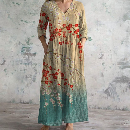 Retro Japanese Plum Blossom Colorblock Art Print Casual V-neck Dress
