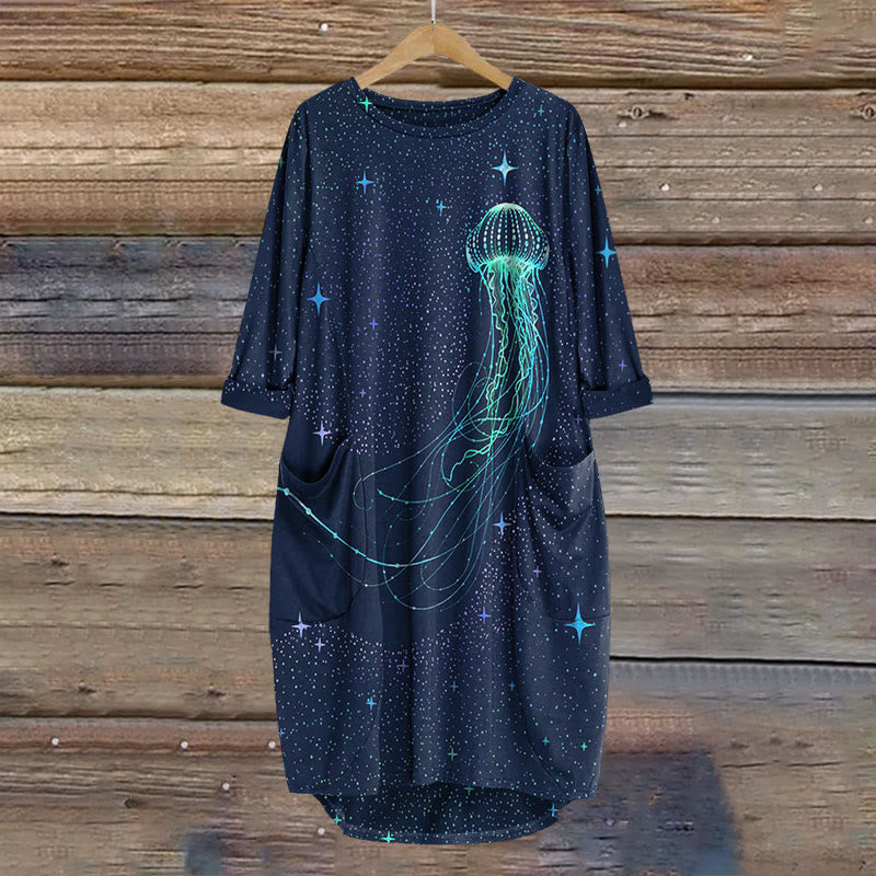 Dashingsoul Colorful Starry Sky Jellyfish Print Crew Neck Casual Dress
