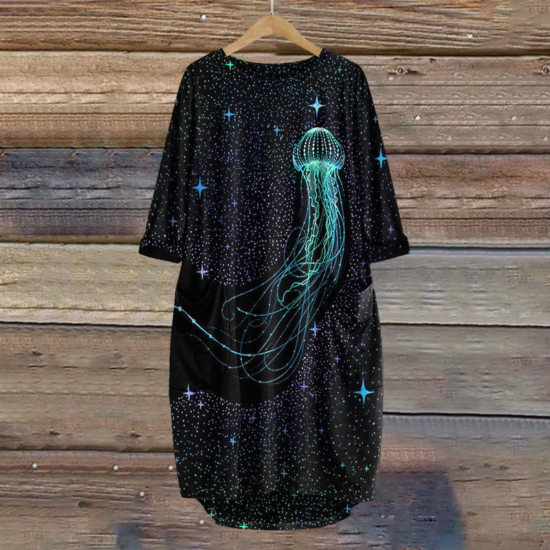 Dashingsoul Colorful Starry Sky Jellyfish Print Crew Neck Casual Dress