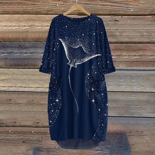 Dashingsoul Starry Spotted Eagle Rays Print Crew Neck Casual Dress