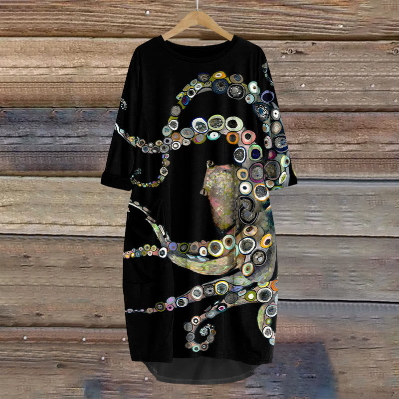 Dashingsoul Colorful Octopus Oil Painting Print Crew Neck Casual Dress