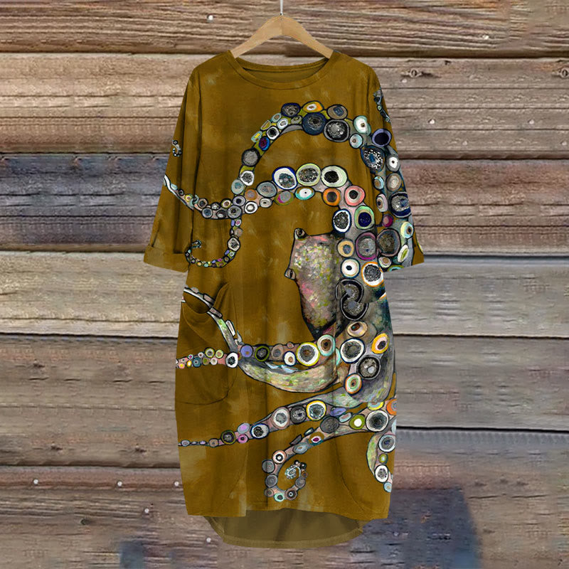 Dashingsoul Colorful Octopus Oil Painting Print Crew Neck Casual Dress
