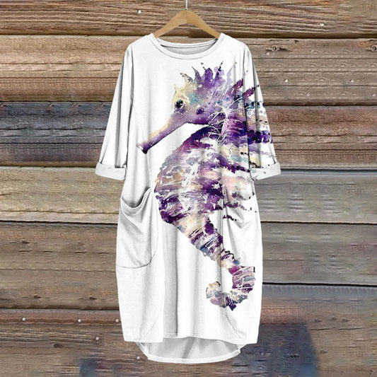 Dashingsoul Watercolor Sfumato Seahorse Asymmetrical Print Crew Neck Casual Dress
