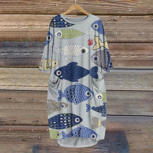 Dashingsoul Vintage Fish Japanese Art Print Crew Neck Casual Dress