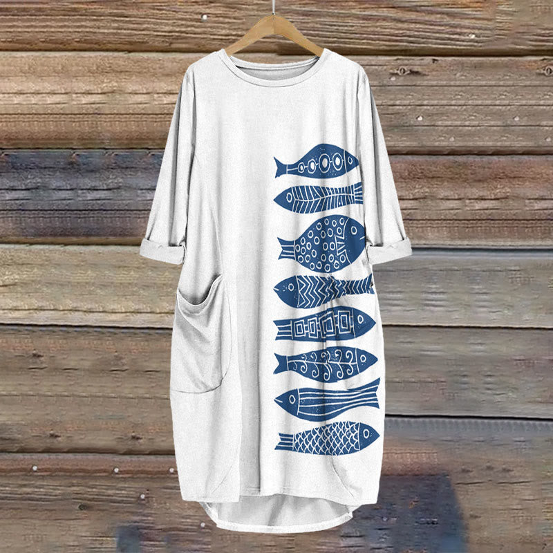 Dashingsoul Fish Japanese Lino Art Print Crew Neck Casual Dress
