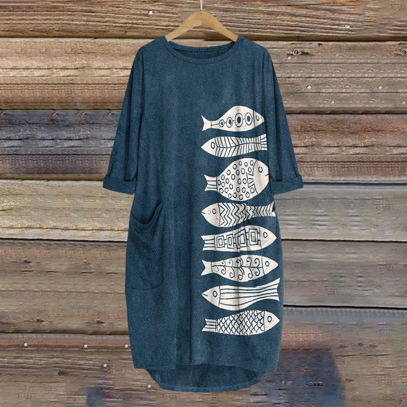 Dashingsoul Fish Japanese Lino Art Print Crew Neck Casual Dress