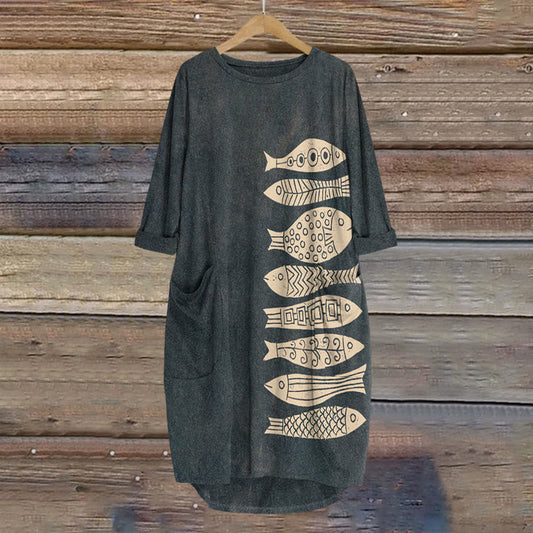 Dashingsoul Fish Japanese Lino Art Print Crew Neck Casual Dress