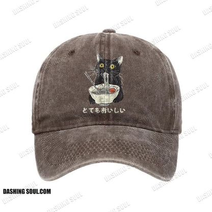 Unisex 100% Cotton Cats Eat Ramen Noodles Vintage Print Cap