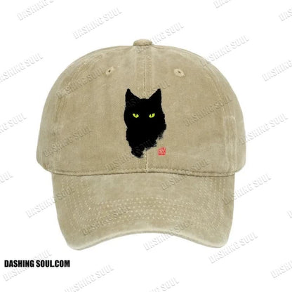 Unisex 100% Cotton Cat Sharp Gaze Vintage Print Cap