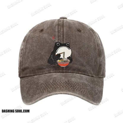Unisex 100% Cotton Funny Frog Eating Ramen Vintage Print Cap