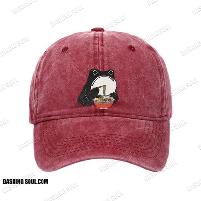 Unisex 100% Cotton Funny Frog Eating Ramen Vintage Print Cap