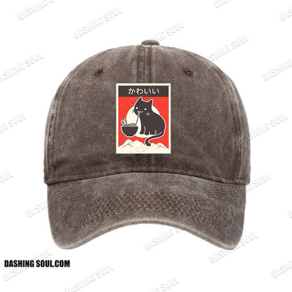 Unisex 100% Cotton Kawaii Vintage Style Japenese Ramen Cat Print Cap