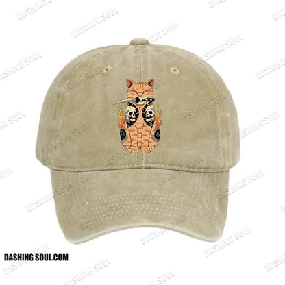 Unisex 100% Cotton Catana Cat Skull Tattooed Samurai Vintage Print Cap