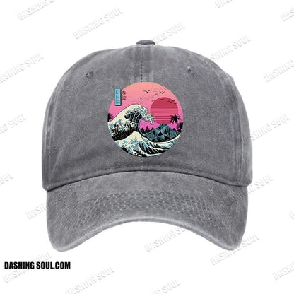Unisex 100% Cotton Japanese The Great Retro Wave Vintage Print Cap