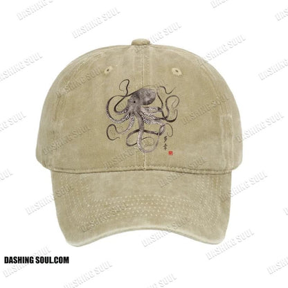 Unisex 100% Cotton Octopus Japanese Calligraphy Vintage Print Cap