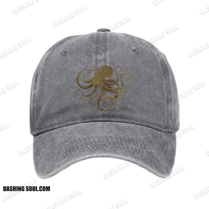 Unisex 100% Cotton Octopus Japanese Gold Print Tattoo Vintage Print Cap
