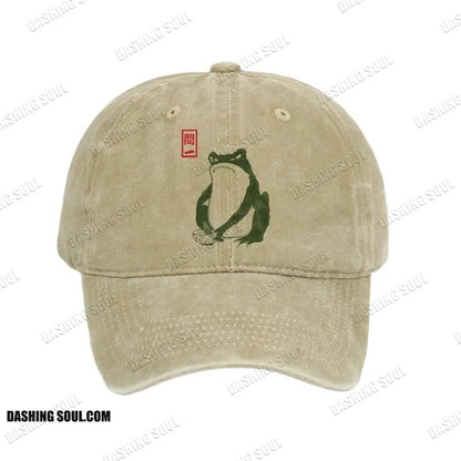 Unisex 100% Cotton Woodblock  Print Frog Vintage Print Cap