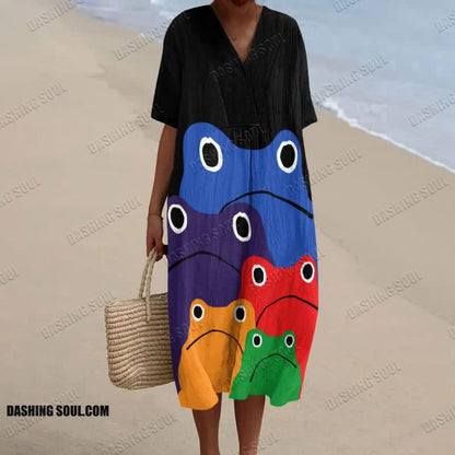 Cascading Rainbow Japanese Frog Print Short-sleeved Midi Dress
