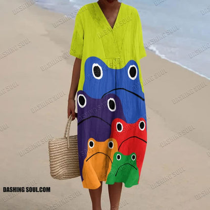 Cascading Rainbow Japanese Frog Print Short-sleeved Midi Dress