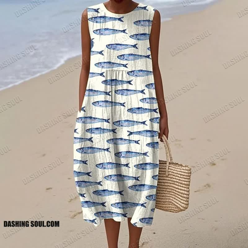 Women's Lovely Fish Art Print Sleeveless Dress