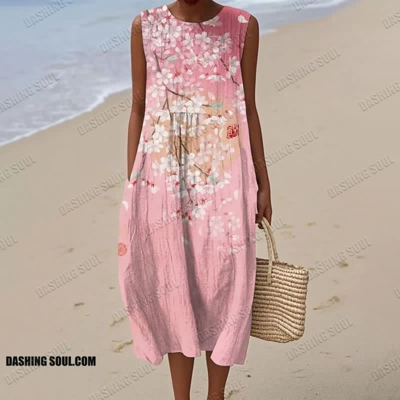 Women's Vintage Japanese Sakura Art Print Sleeveless Dress