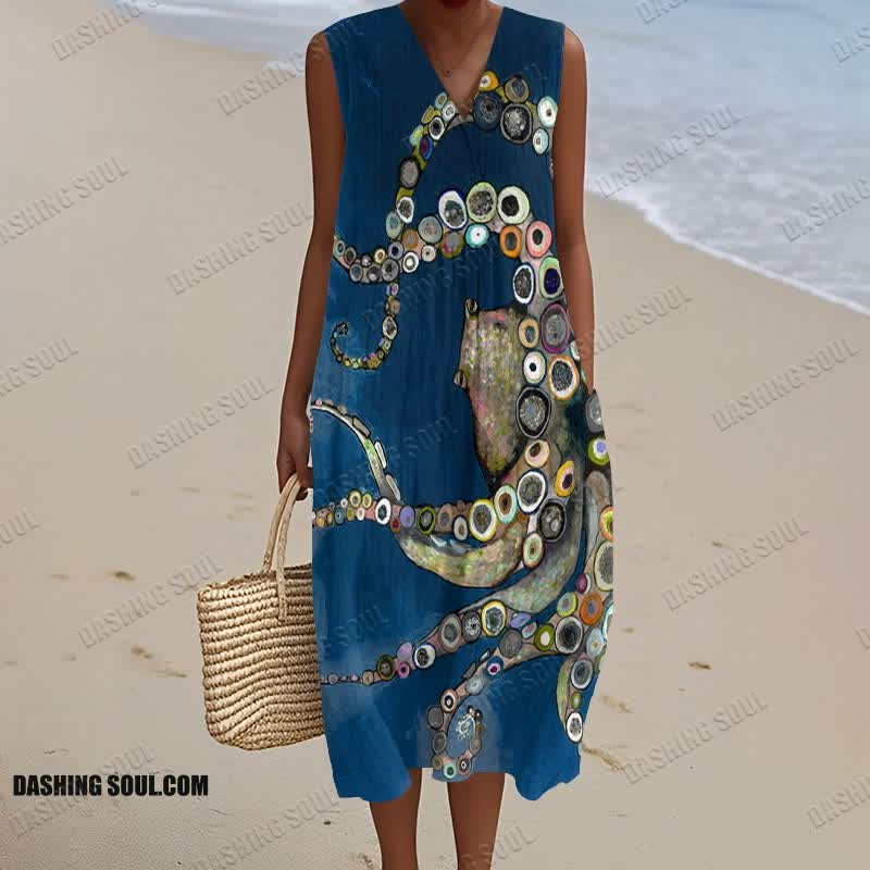 Colorful Octopus Oil Painting Print V Neck Sleeveless Dress