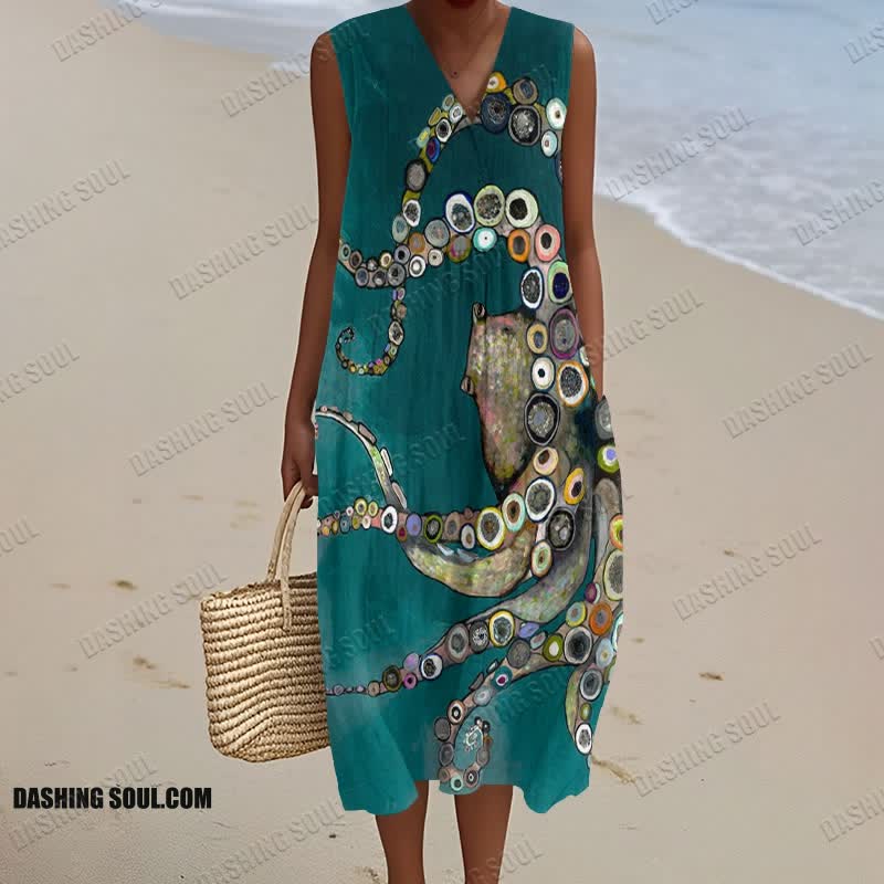 Colorful Octopus Oil Painting Print V Neck Sleeveless Dress