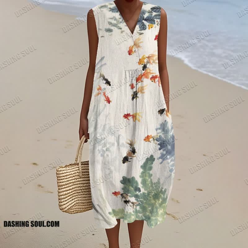 Watercolor Goldfish Art Print V-neck Sleeveless Dress
