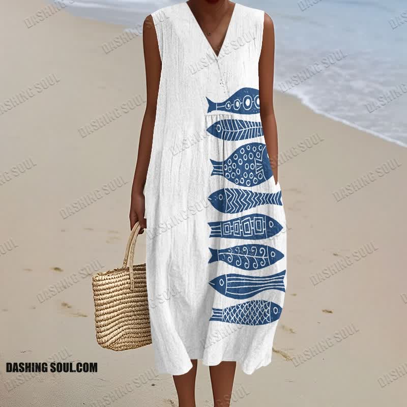 Fish Japanese Lino Art Print V-neck Sleeveless Dress