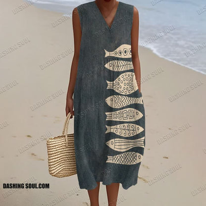 Fish Japanese Lino Art Print V-neck Sleeveless Dress