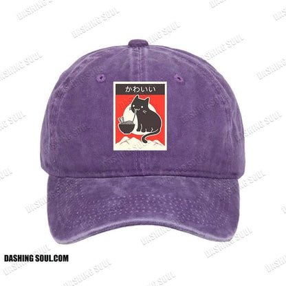 Unisex 100% Cotton Kawaii Vintage Style Japenese Ramen Cat Print Cap