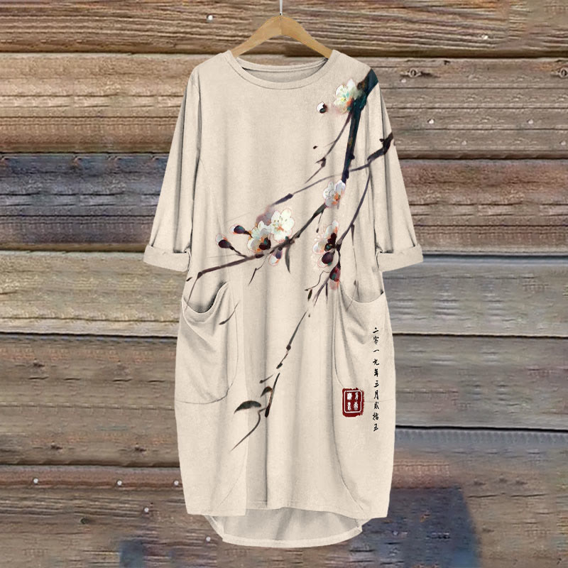 Dashingsoul Vintage Plum Blossom Art Print Crew Neck Dress