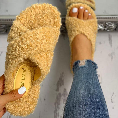 Solid Fluffy Crisscross Design Flat Sandals