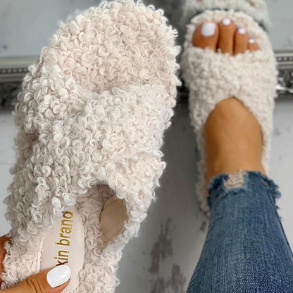Solid Fluffy Crisscross Design Flat Sandals