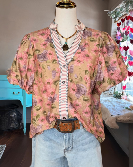 Elegant Floral Stripe Trim Blouse