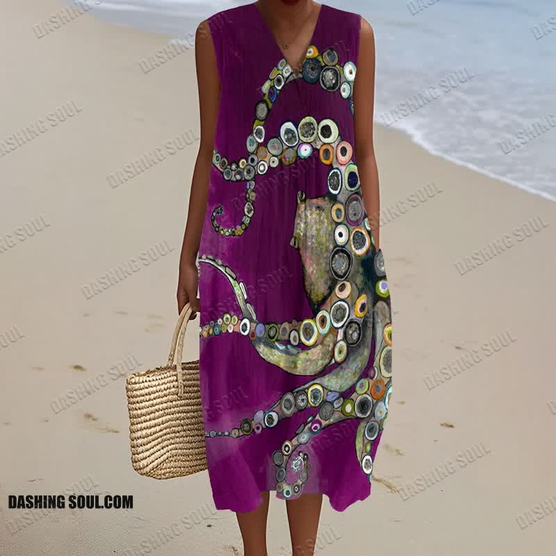 Colorful Octopus Oil Painting Print V Neck Sleeveless Dress