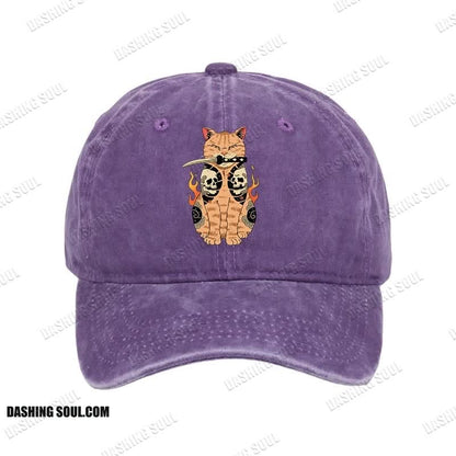 Unisex 100% Cotton Catana Cat Skull Tattooed Samurai Vintage Print Cap