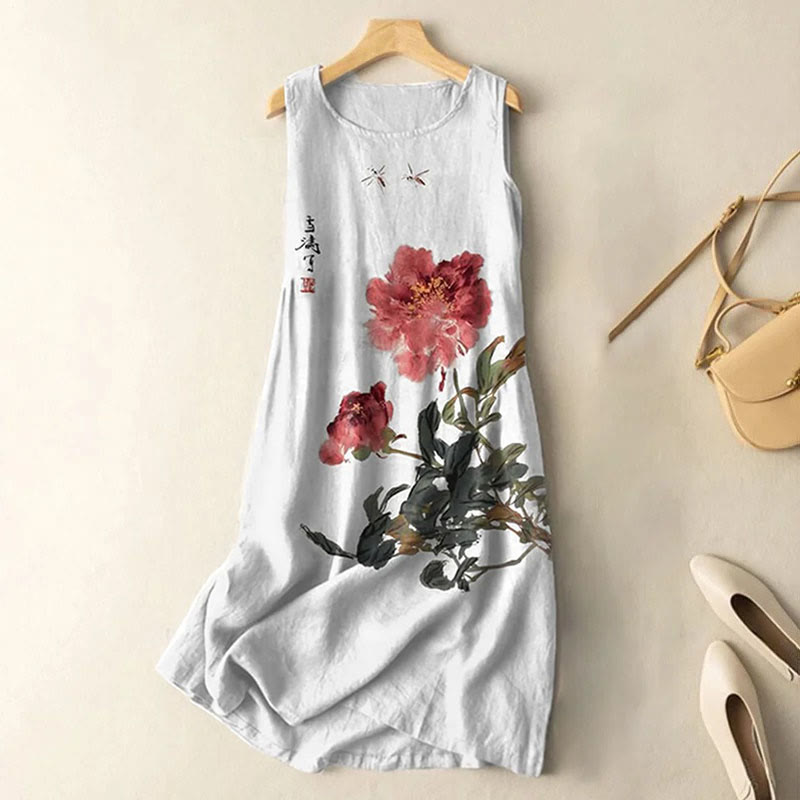 Dashingsoul Vintage Japanese Ink Flower Calligraphy Art Print Sleeveless Midi Dress