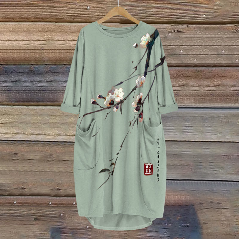 Dashingsoul Vintage Plum Blossom Art Print Crew Neck Dress