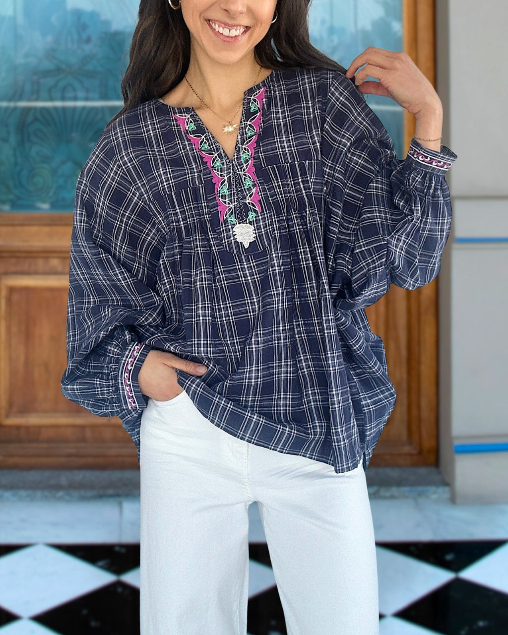 Embroidered Plaid Blouse