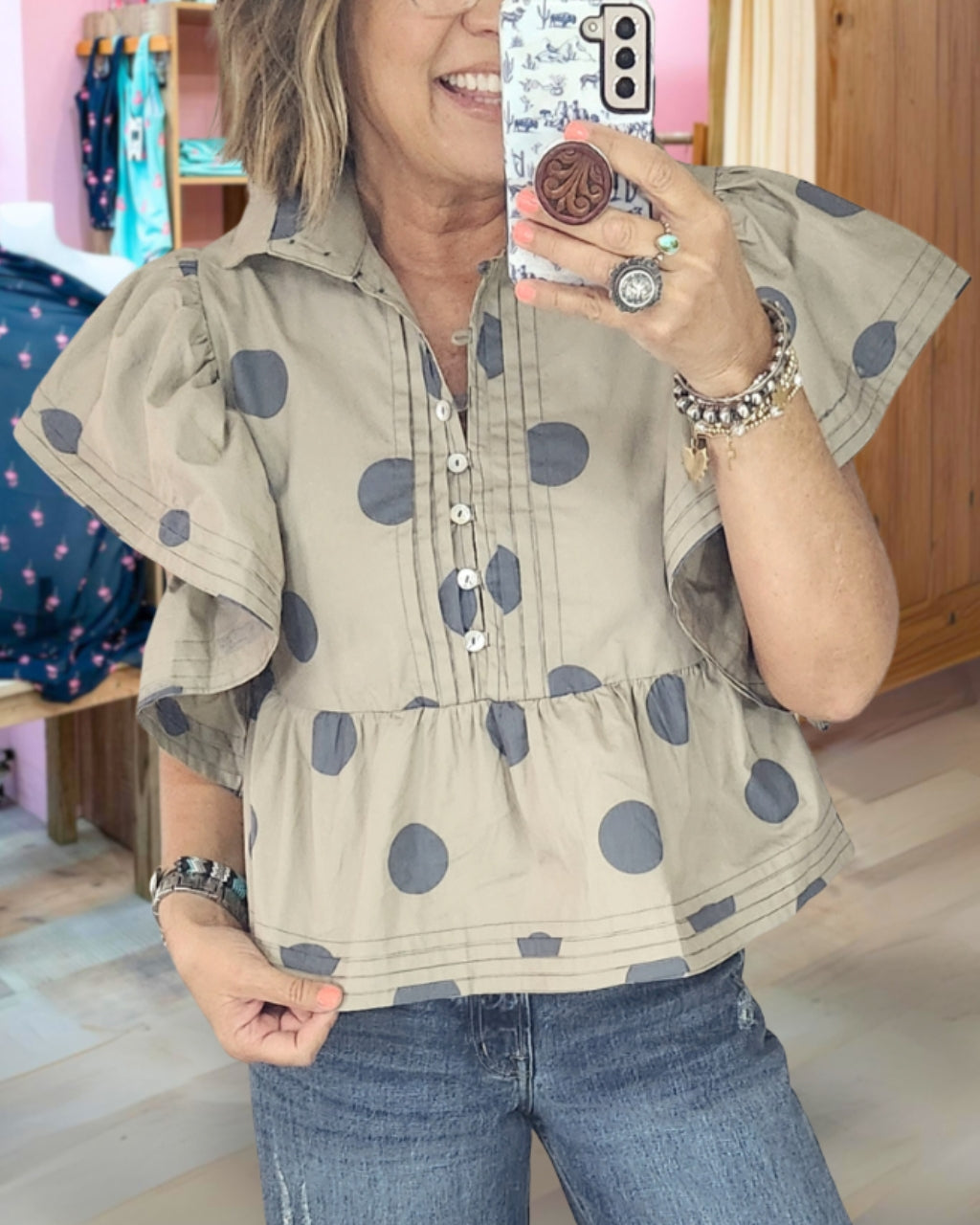 Polka Dot Print Ruffle Sleeve Top